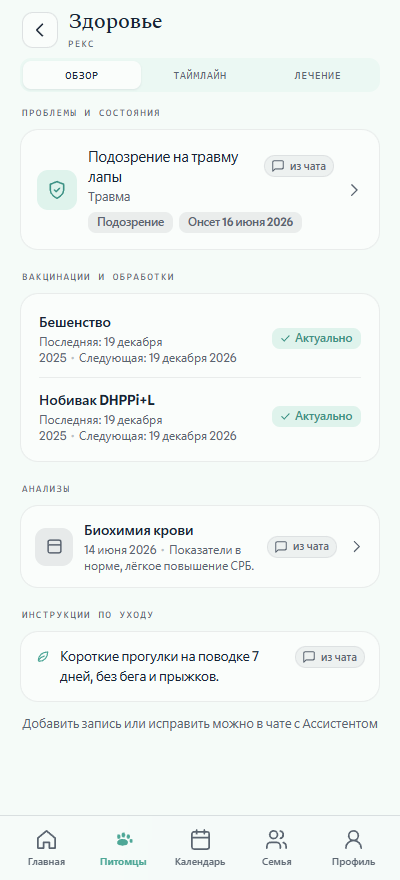Медкарта питомца с источниками записей